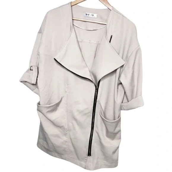 Womens Asymmetrical Zip Jacket Draped Collar Rolled Sleeve Beige Size MM - Picture 4 of 16